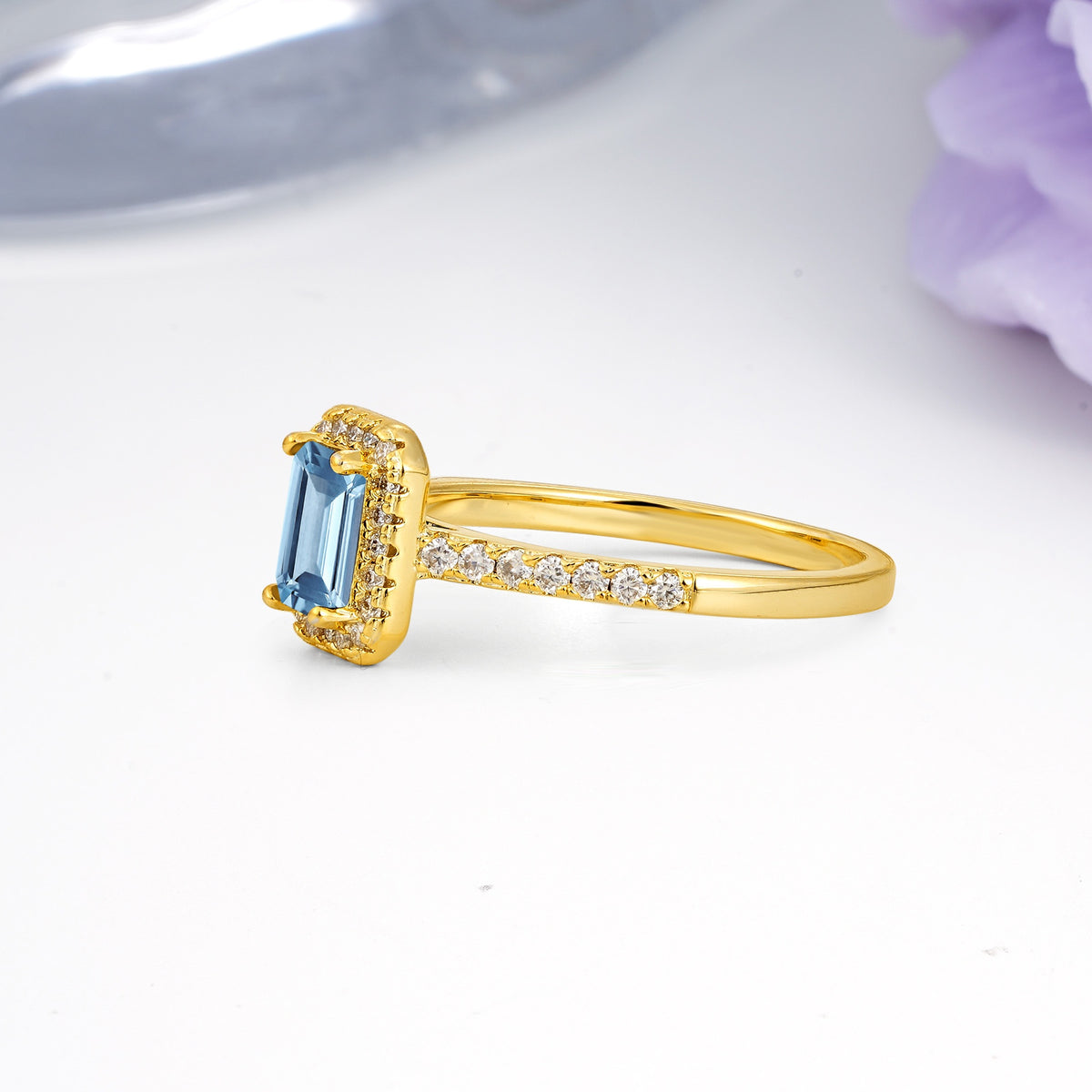 Classic, Luxurious 4 Prong Emerald Cut Aquamarine Engagement Ring - Additional view