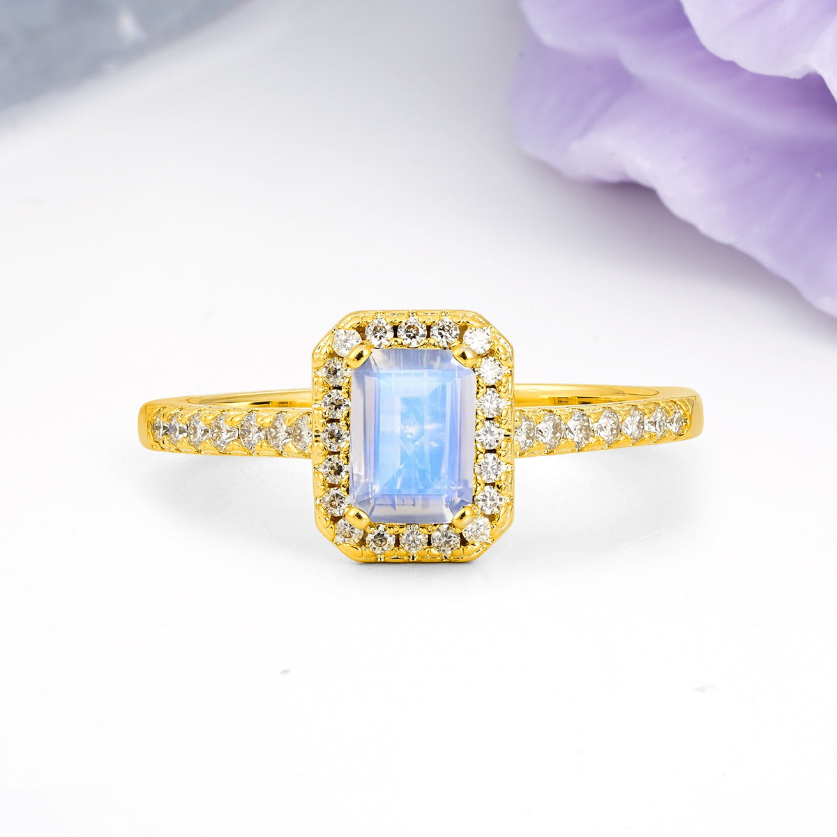 Classic, Luxurious 4 Prong Emerald Cut Moonstone Engagement Ring - Additional view