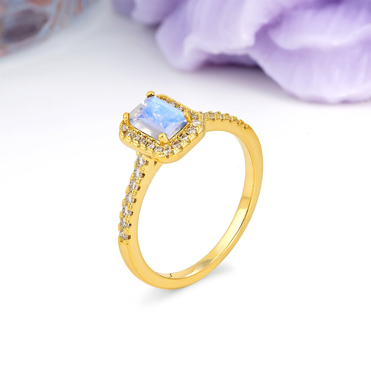 Classic, Luxurious 4 Prong Emerald Cut Moonstone Engagement Ring - Additional view