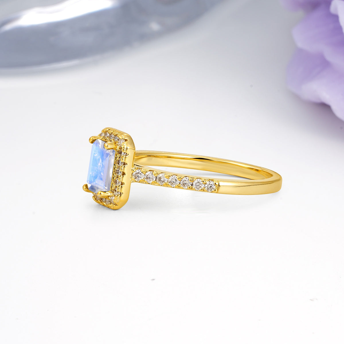 Classic, Luxurious 4 Prong Emerald Cut Moonstone Engagement Ring - Additional view