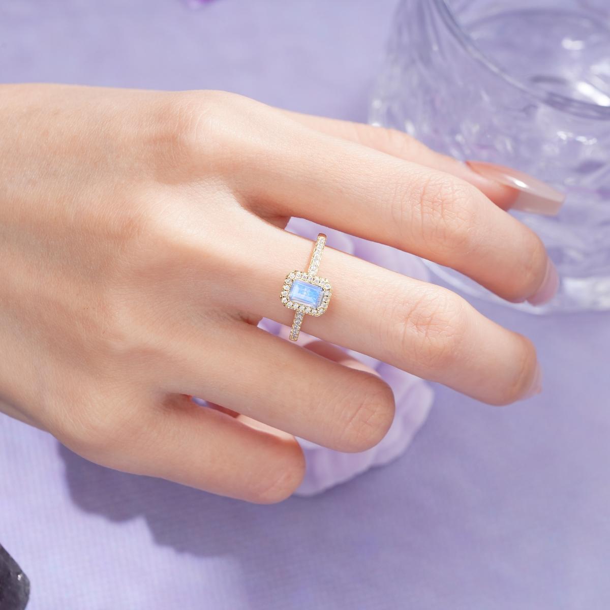 Classic, Luxurious 4 Prong Emerald Cut Moonstone Engagement Ring