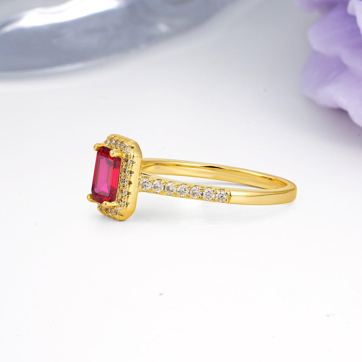 Classic, Luxurious 4 Prong Emerald Cut Ruby Engagement Ring - Additional view