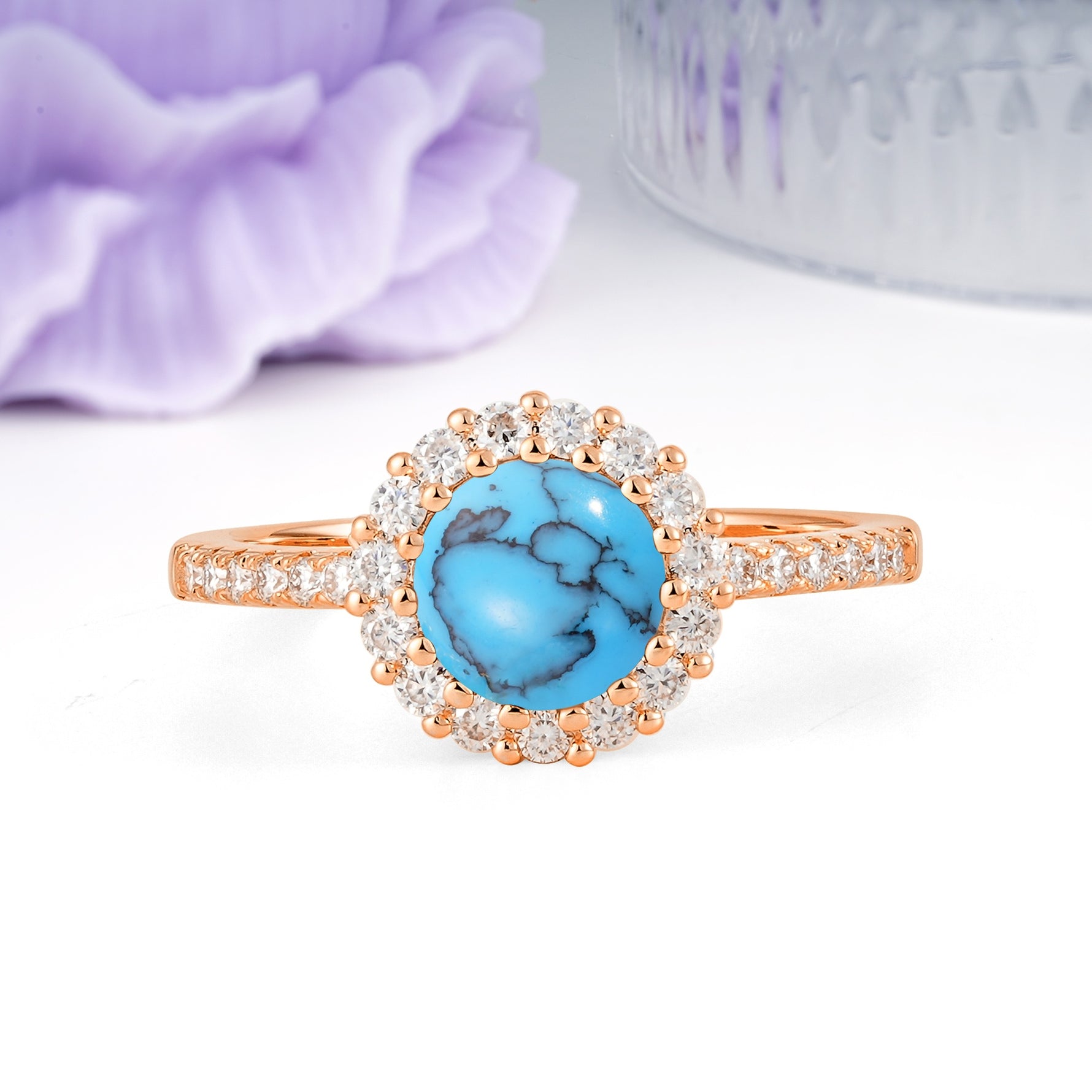 Luxurious and Unique 16 Prong Round Cut Turquoise Engagement Ring - Additional view
