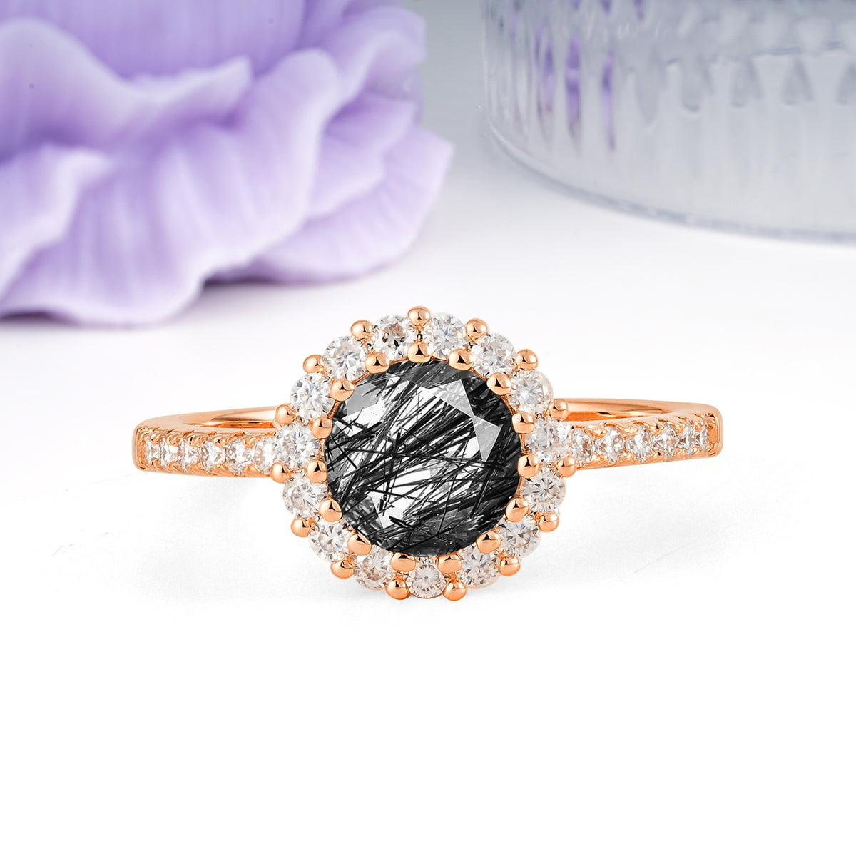Luxurious and Unique 16 Prong Round Cut Black Rutilated Quartz Engagement Ring - Additional view