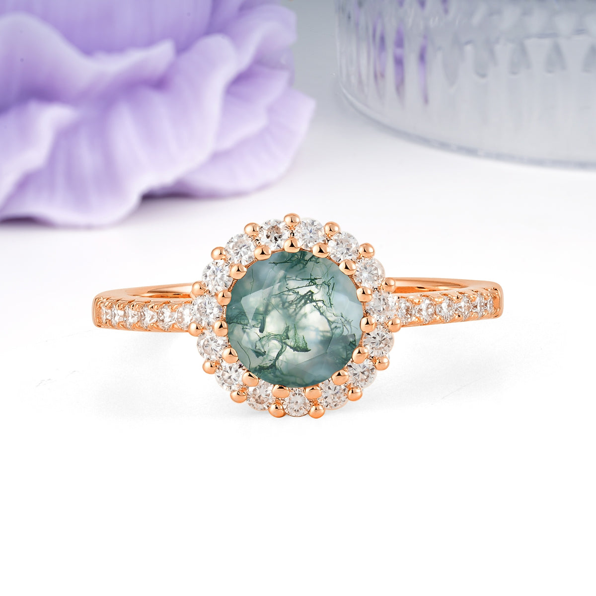 Luxurious and Unique 16 Prong Round Cut Moss Agate Engagement Ring - Additional view