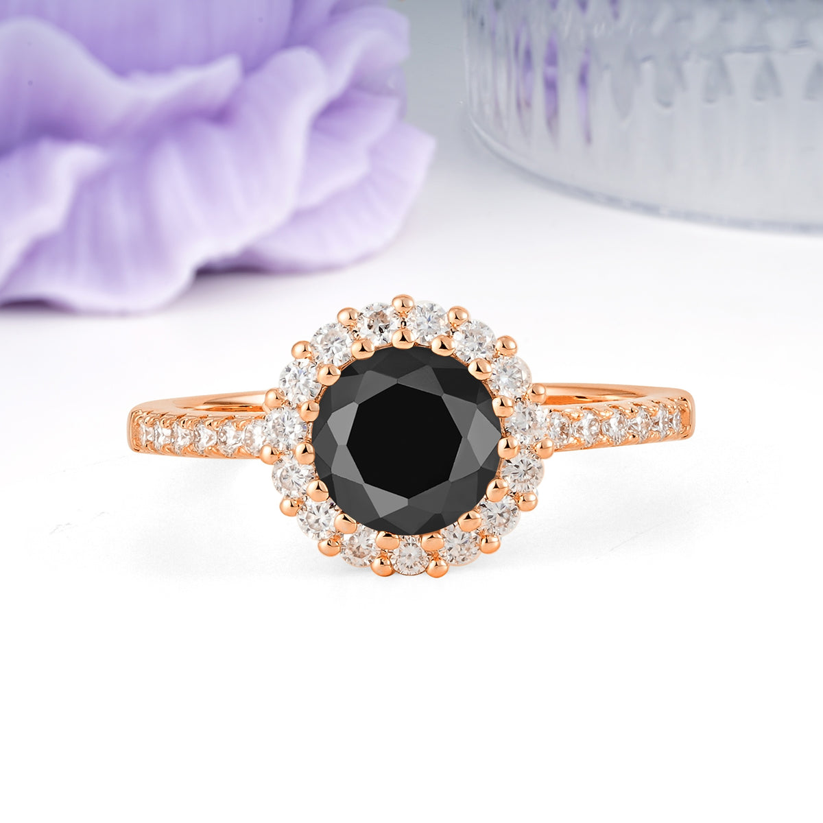Luxurious and Unique 16 Prong Round Cut Black Onyx Engagement Ring - Additional view