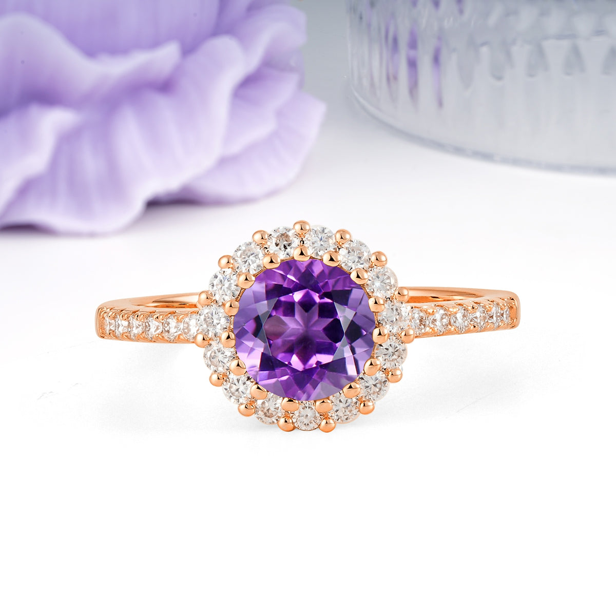 Luxurious and Unique 16 Prong Round Cut Amethyst Engagement Ring - Additional view