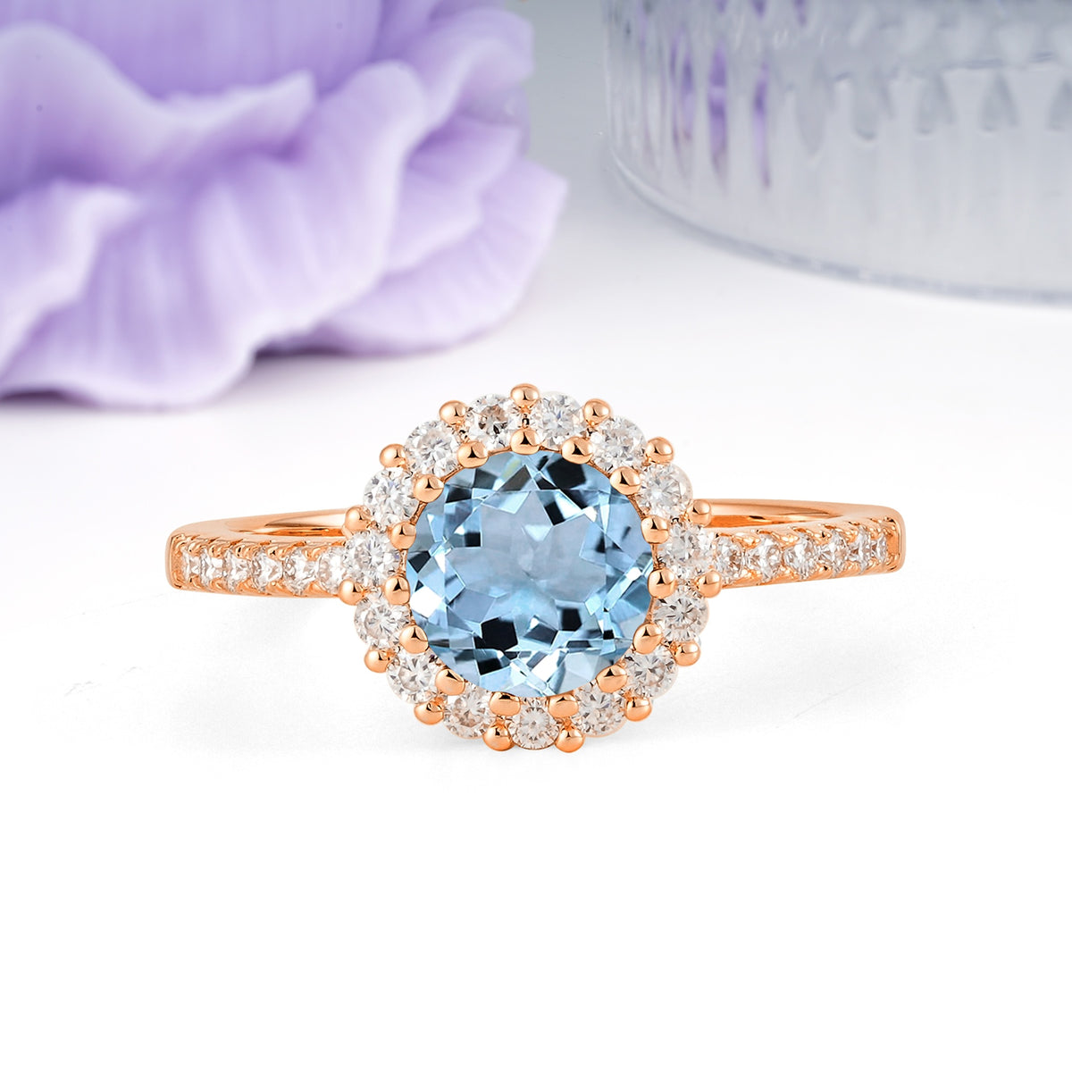 Luxurious and Unique 16 Prong Round Cut Aquamarine Engagement Ring - Additional view