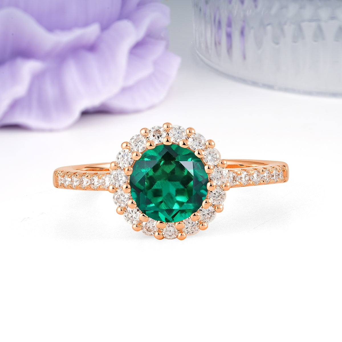 Luxurious and Unique 16 Prong Round Cut Emerald Engagement Ring - Additional view
