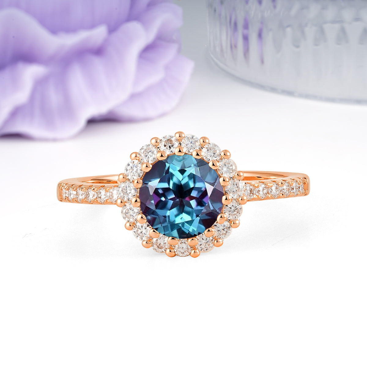 Luxurious and Unique 16 Prong Round Cut Alexandrite Engagement Ring - Additional view