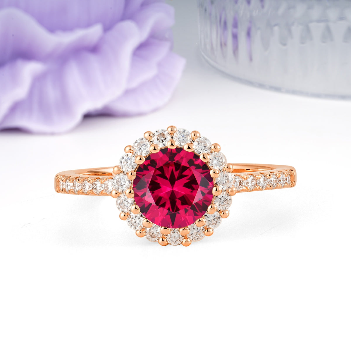 Luxurious and Unique 16 Prong Round Cut Ruby Engagement Ring - Additional view