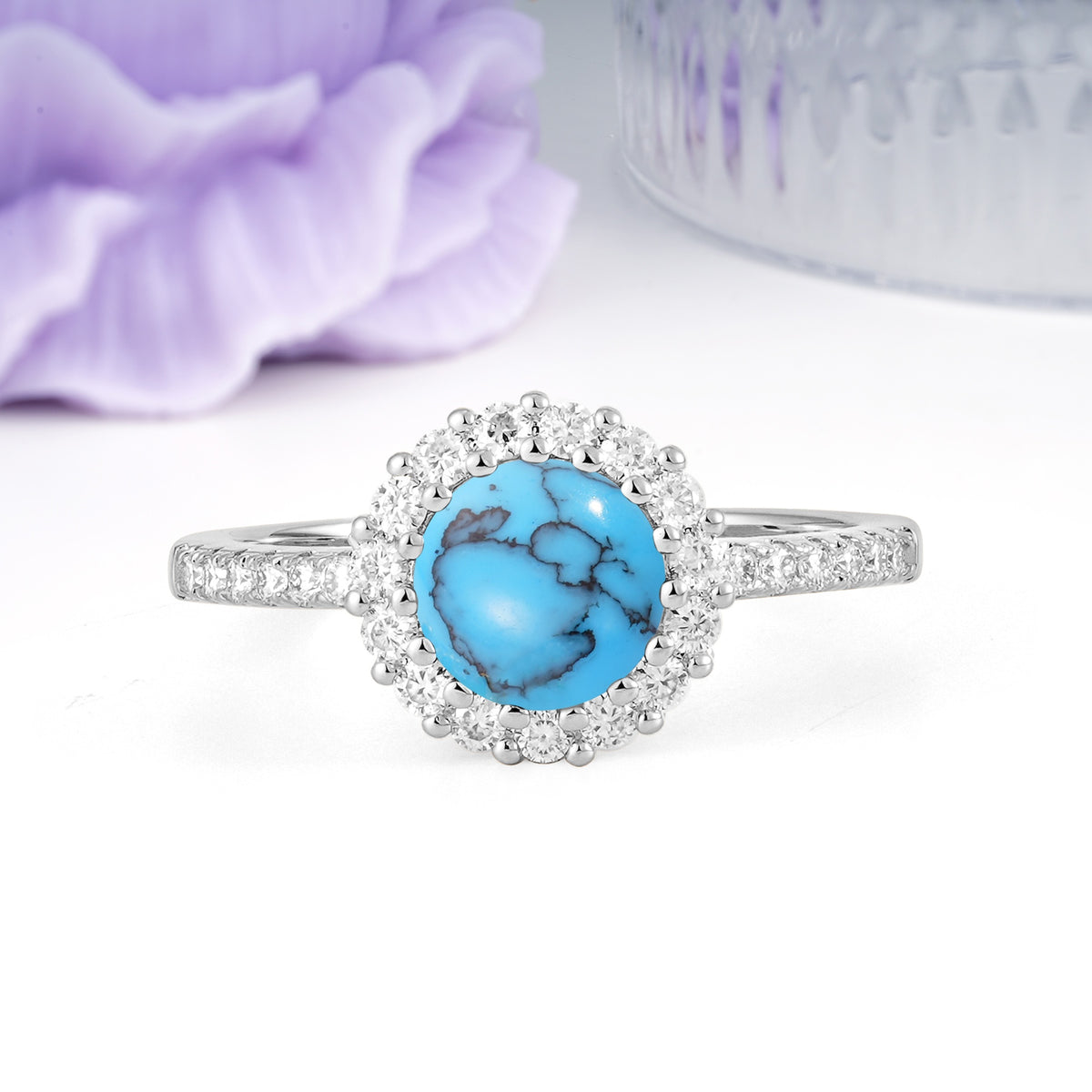Luxurious and Unique 16 Prong Round Cut Turquoise Engagement Ring - Additional view
