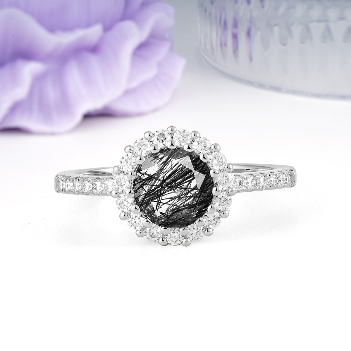 Luxurious and Unique 16 Prong Round Cut Black Rutilated Quartz Engagement Ring - Additional view