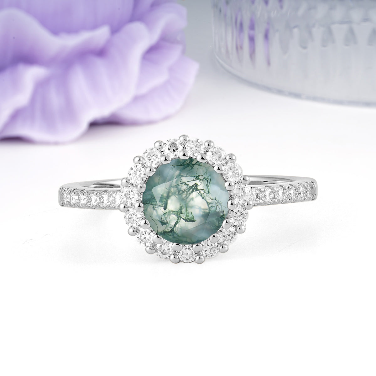 Luxurious and Unique 16 Prong Round Cut Moss Agate Engagement Ring - Additional view