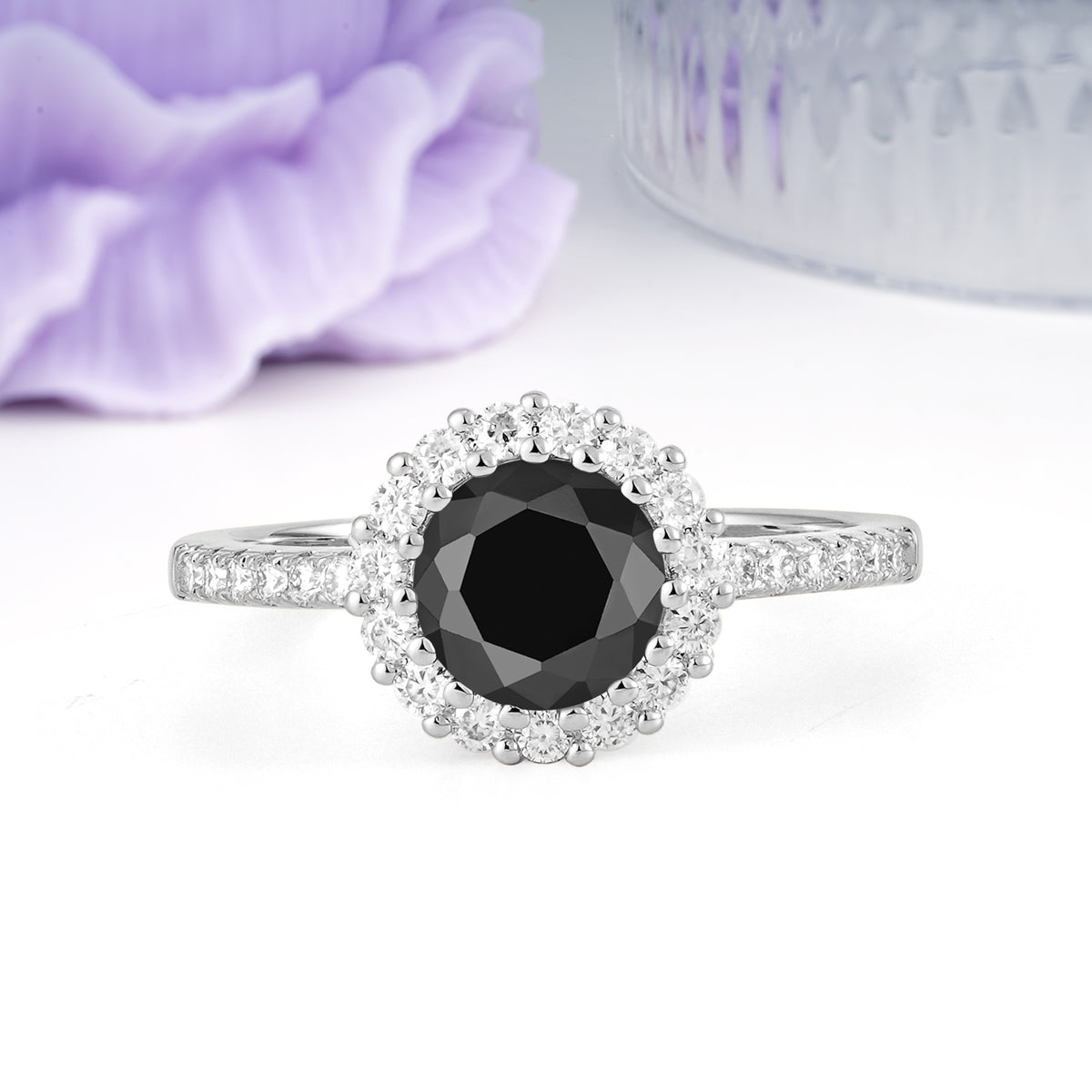 Luxurious and Unique 16 Prong Round Cut Black Onyx Engagement Ring - Additional view