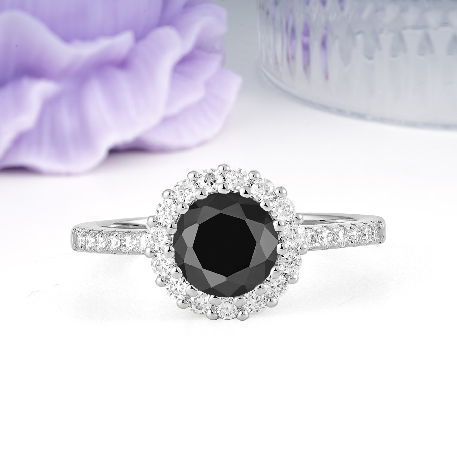 Luxurious and Unique 16 Prong Round Cut Black Onyx Engagement Ring - Additional view