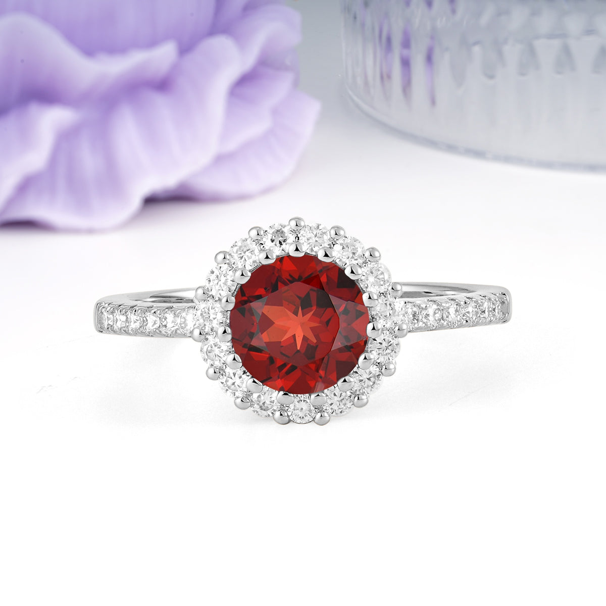 Luxurious and Unique 16 Prong Round Cut Garnet Engagement Ring - Additional view