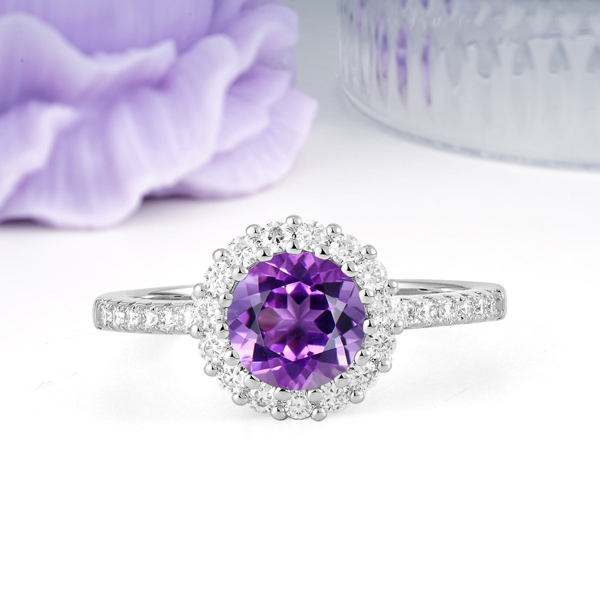 Luxurious and Unique 16 Prong Round Cut Amethyst Engagement Ring - Additional view