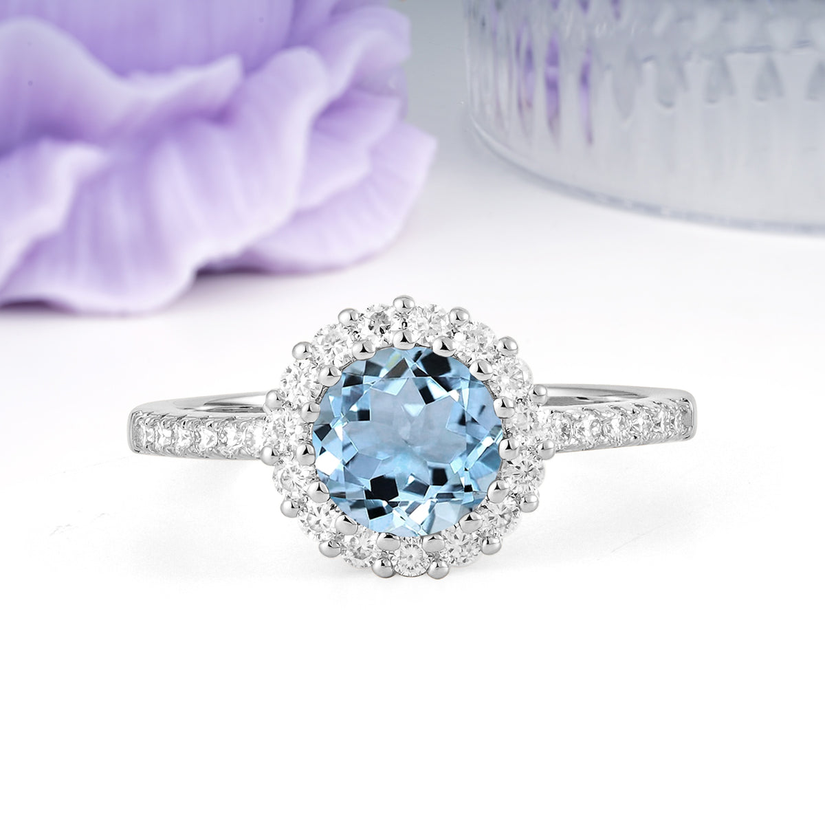Luxurious and Unique 16 Prong Round Cut Aquamarine Engagement Ring - Additional view