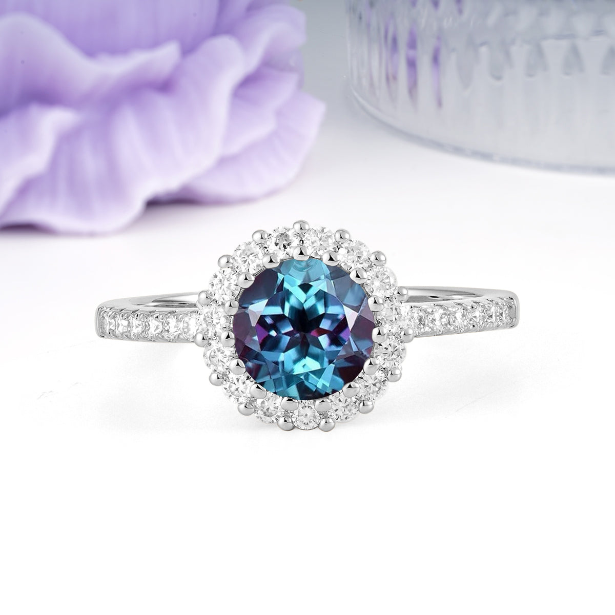 Luxurious and Unique 16 Prong Round Cut Alexandrite Engagement Ring - Additional view