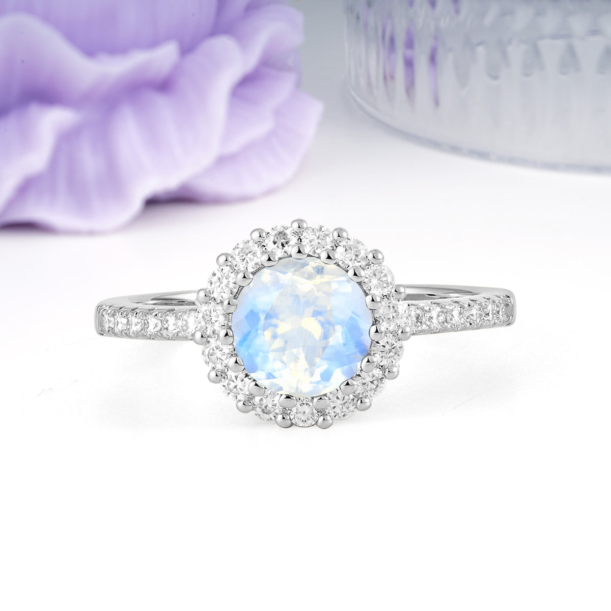 Luxurious and Unique 16 Prong Round Cut Moonstone Engagement Ring - Additional view