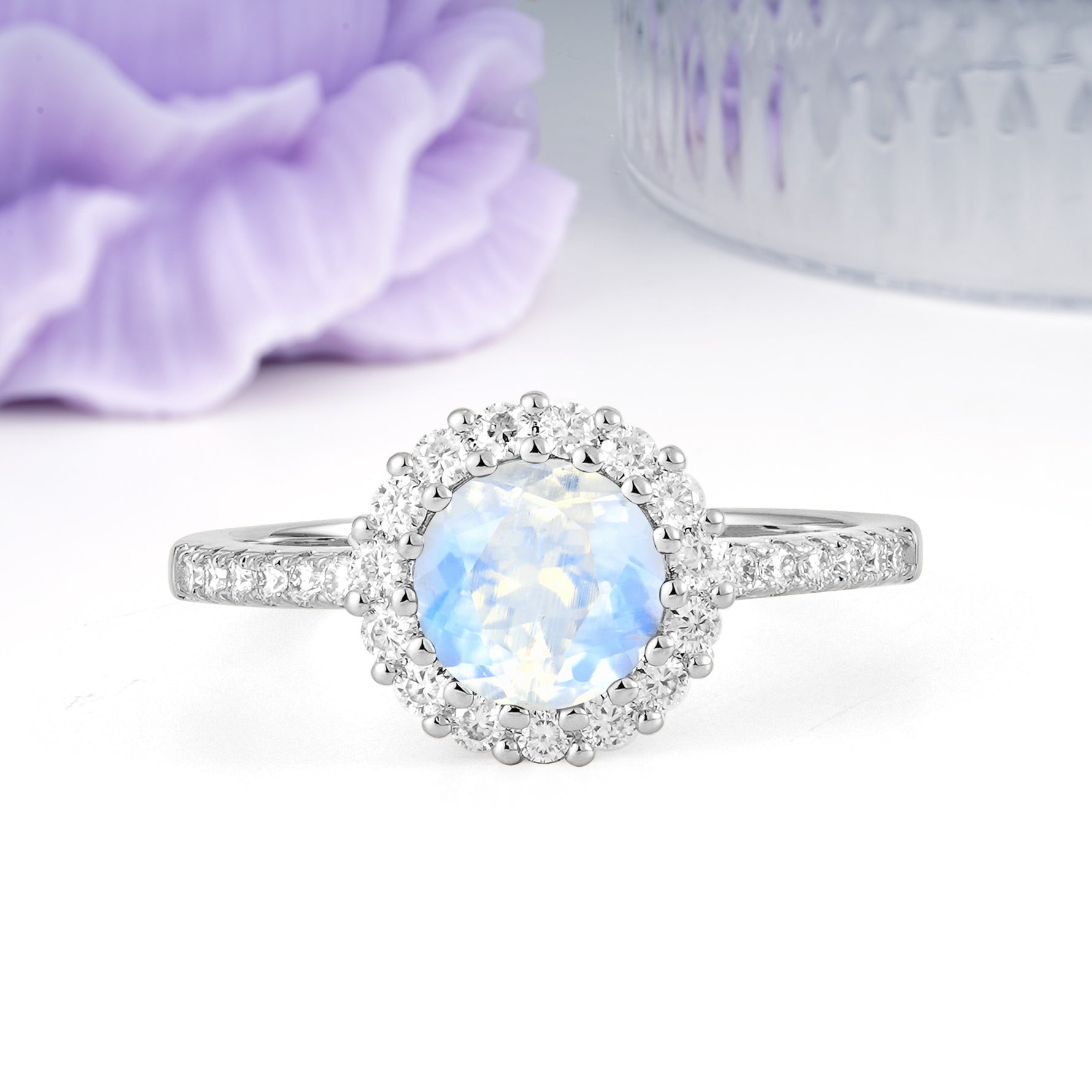 Luxurious and Unique 16 Prong Round Cut Moonstone Engagement Ring - Additional view