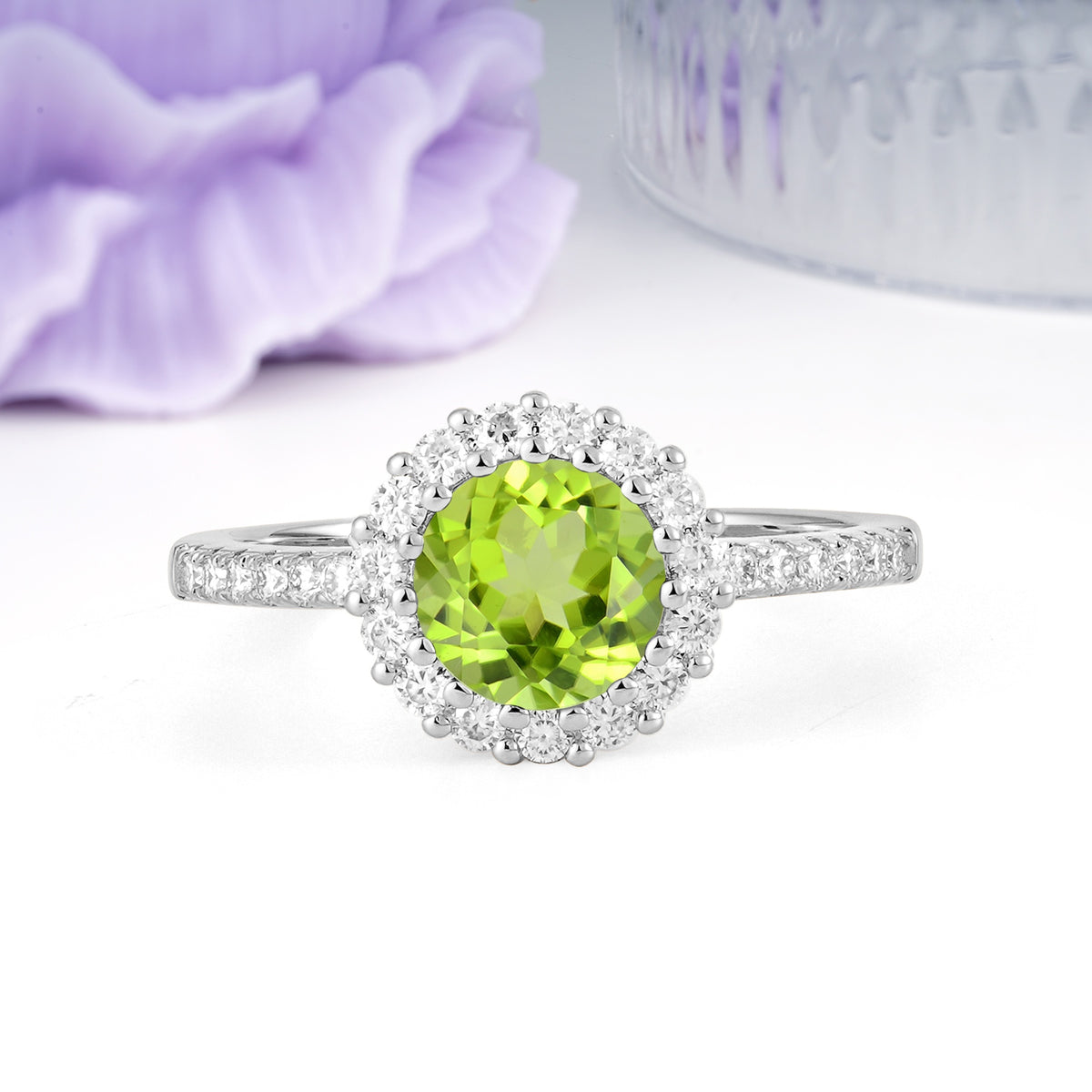 Luxurious and Unique 16 Prong Round Cut Peridot Engagement Ring - Additional view