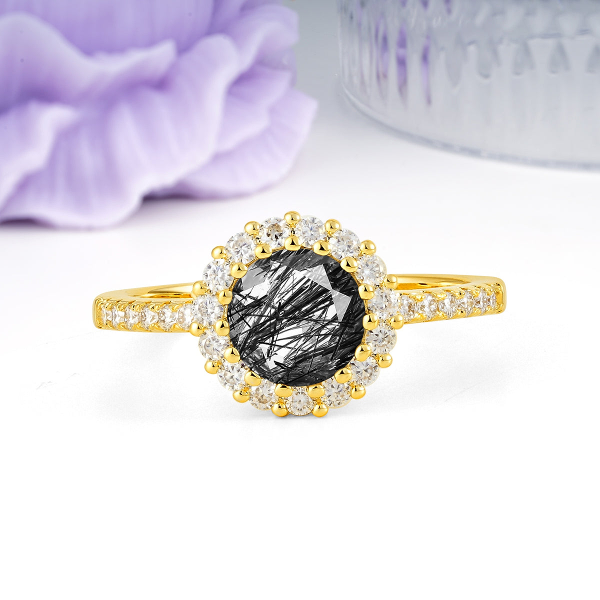 Luxurious and Unique 16 Prong Round Cut Black Rutilated Quartz Engagement Ring - Additional view