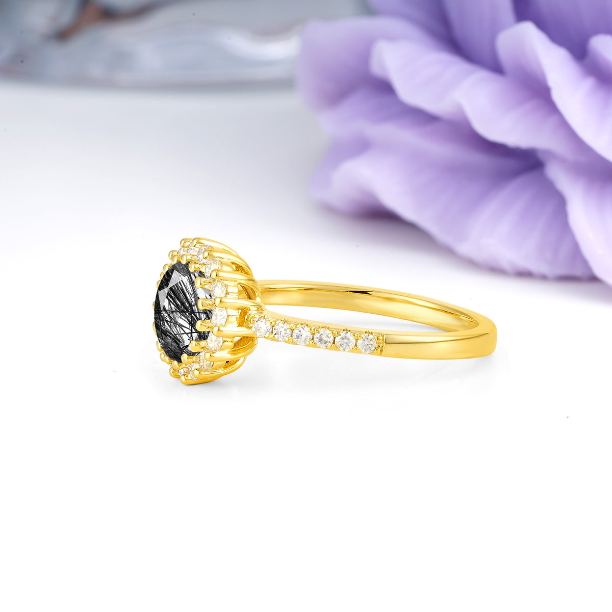 Luxurious and Unique 16 Prong Round Cut Black Rutilated Quartz Engagement Ring - Additional view