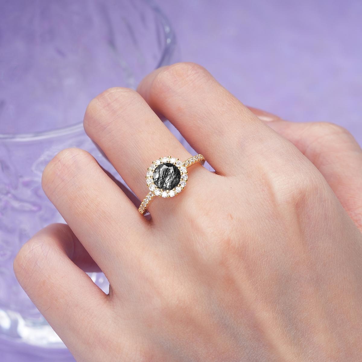 Luxurious and Unique 16 Prong Round Cut Black Rutilated Quartz Engagement Ring