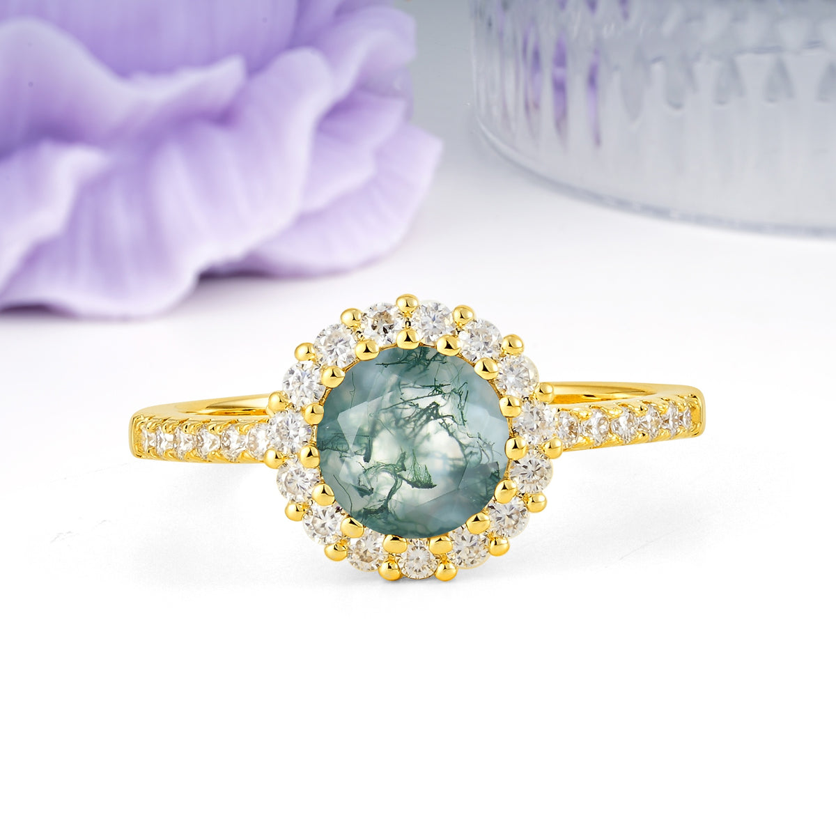 Luxurious and Unique 16 Prong Round Cut Moss Agate Engagement Ring - Additional view