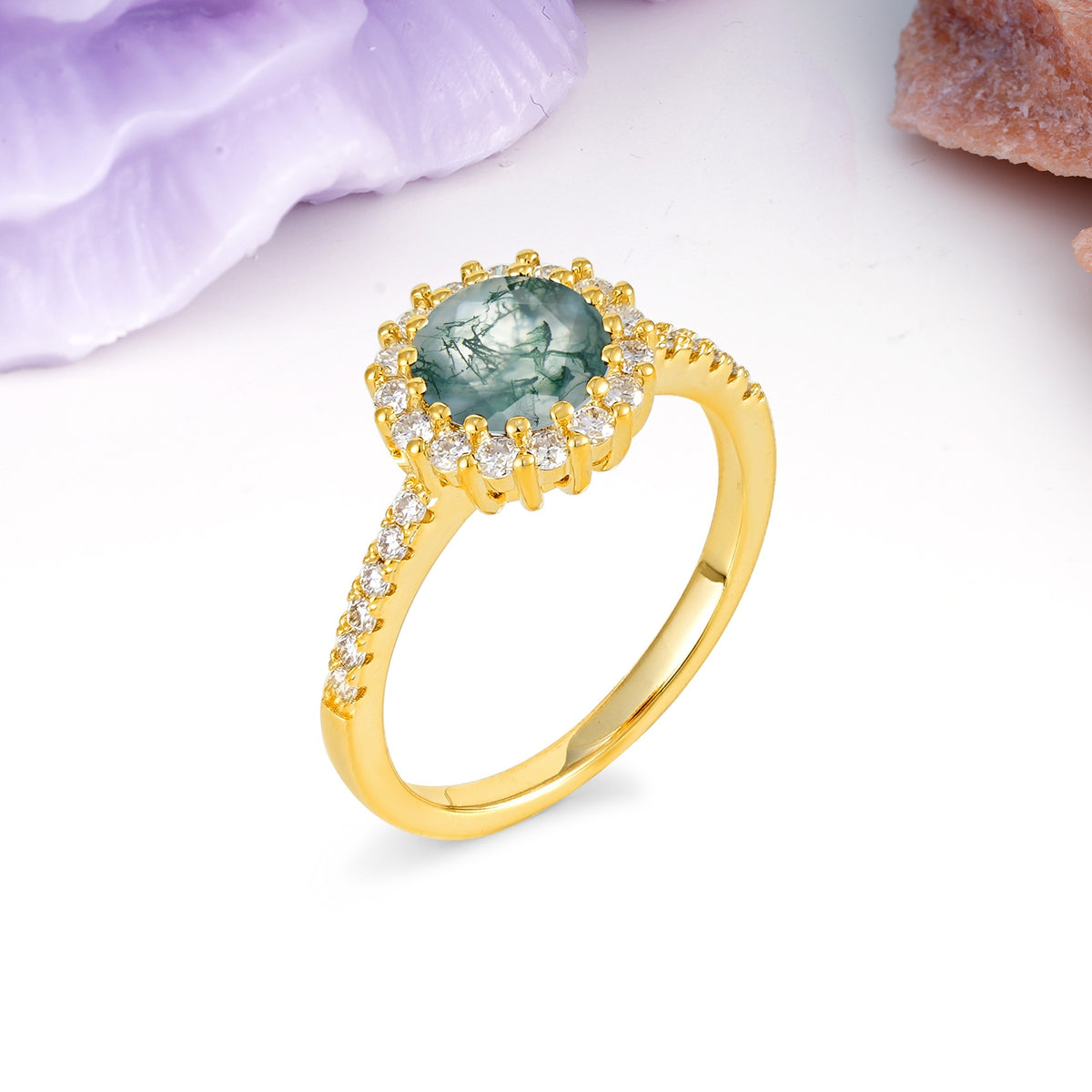 Luxurious and Unique 16 Prong Round Cut Moss Agate Engagement Ring - Additional view