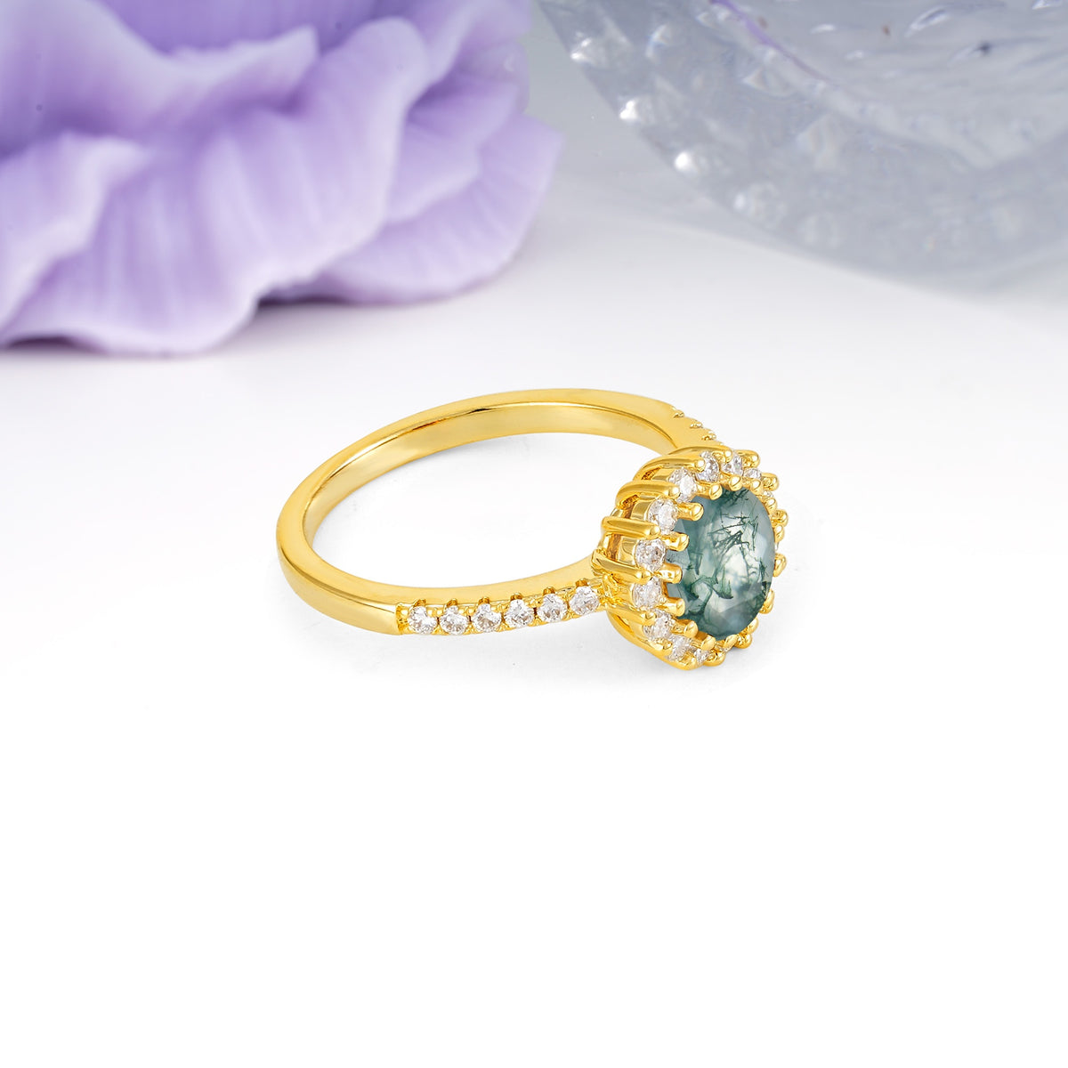 Luxurious and Unique 16 Prong Round Cut Moss Agate Engagement Ring - Additional view