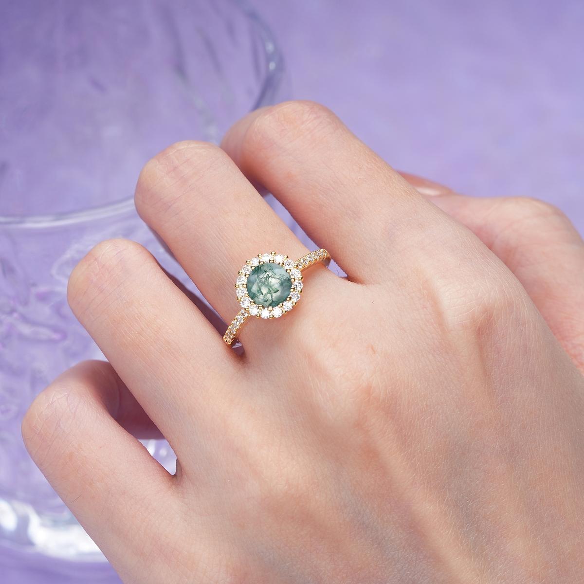 Luxurious and Unique 16 Prong Round Cut Moss Agate Engagement Ring