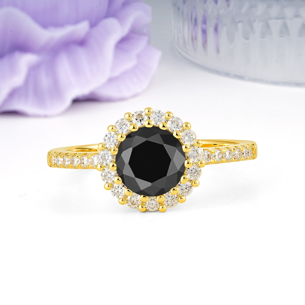 Luxurious and Unique 16 Prong Round Cut Black Onyx Engagement Ring - Additional view