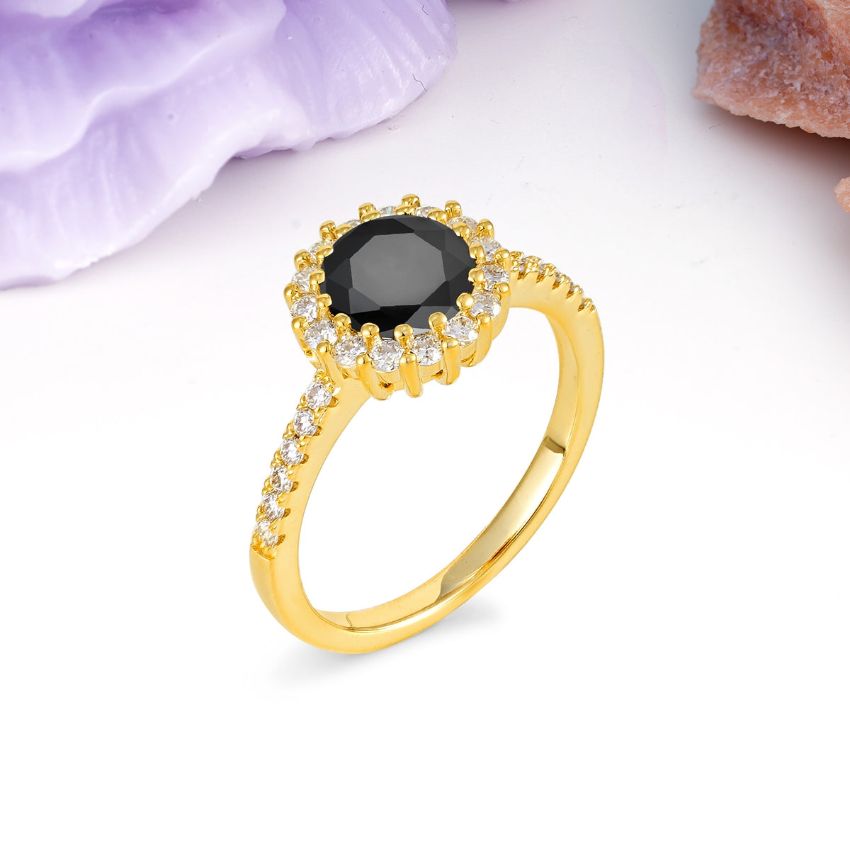 Luxurious and Unique 16 Prong Round Cut Black Onyx Engagement Ring - Additional view