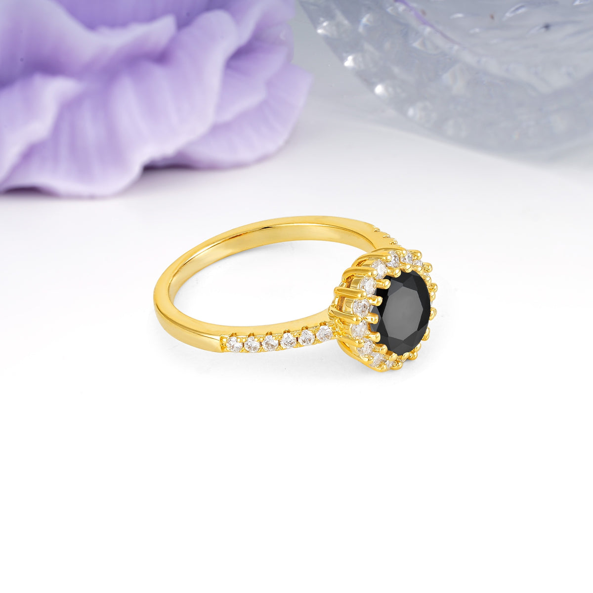 Luxurious and Unique 16 Prong Round Cut Black Onyx Engagement Ring - Additional view