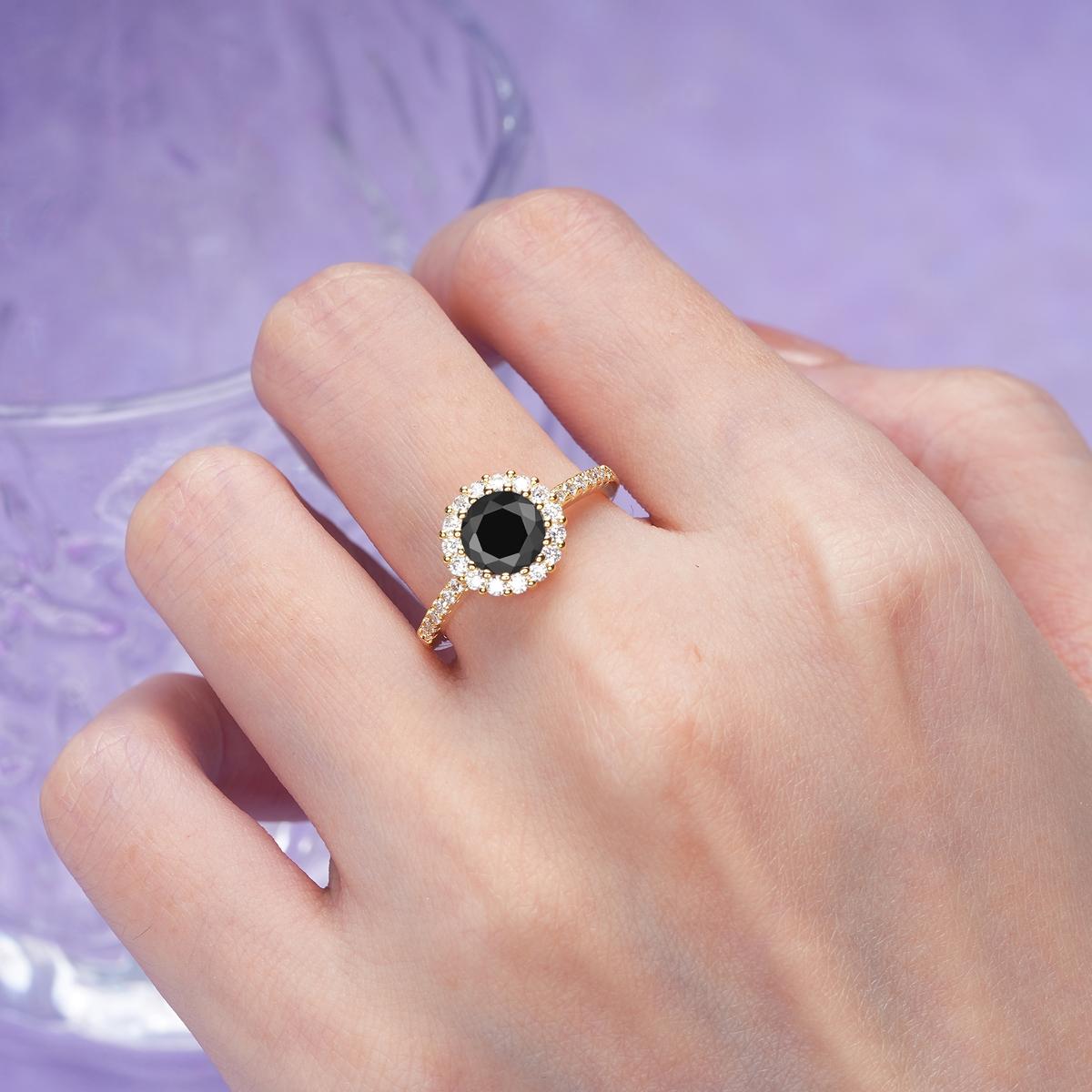 Luxurious and Unique 16 Prong Round Cut Black Onyx Engagement Ring