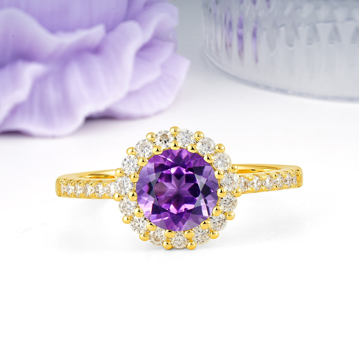 Luxurious and Unique 16 Prong Round Cut Amethyst Engagement Ring - Additional view