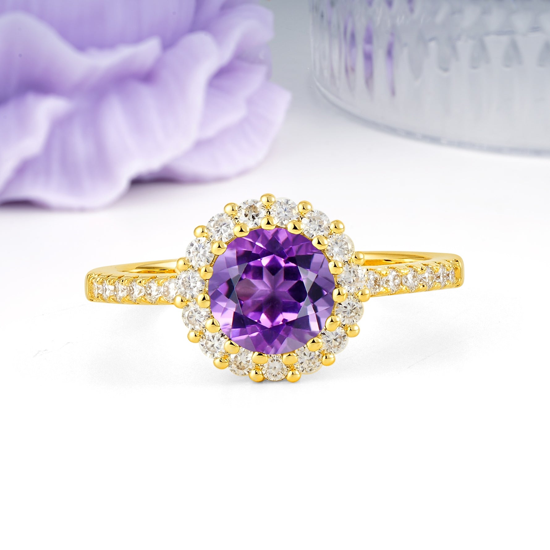 Luxurious and Unique 16 Prong Round Cut Amethyst Engagement Ring - Additional view
