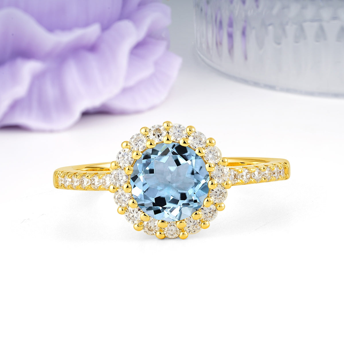 Luxurious and Unique 16 Prong Round Cut Aquamarine Engagement Ring - Additional view