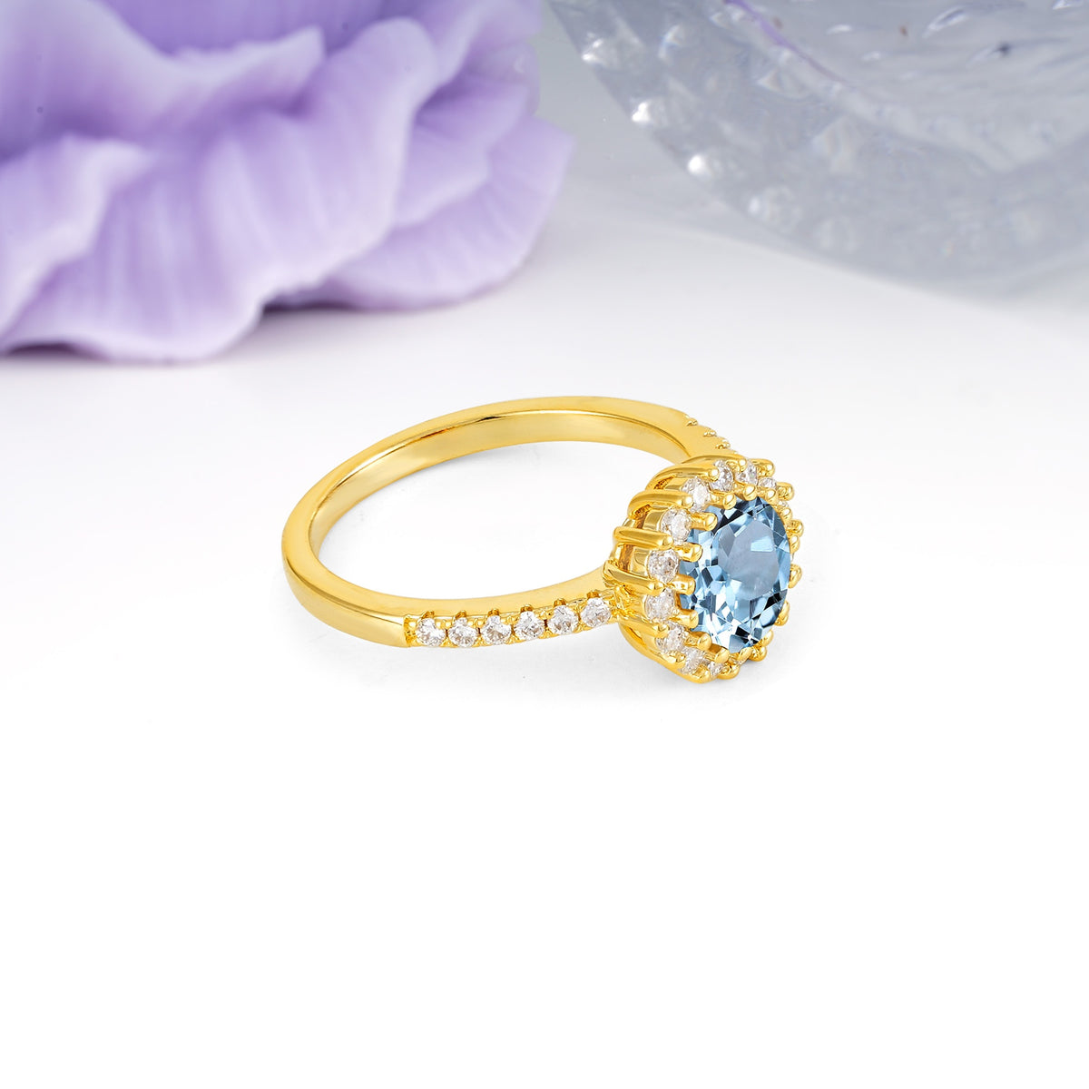 Luxurious and Unique 16 Prong Round Cut Aquamarine Engagement Ring - Additional view