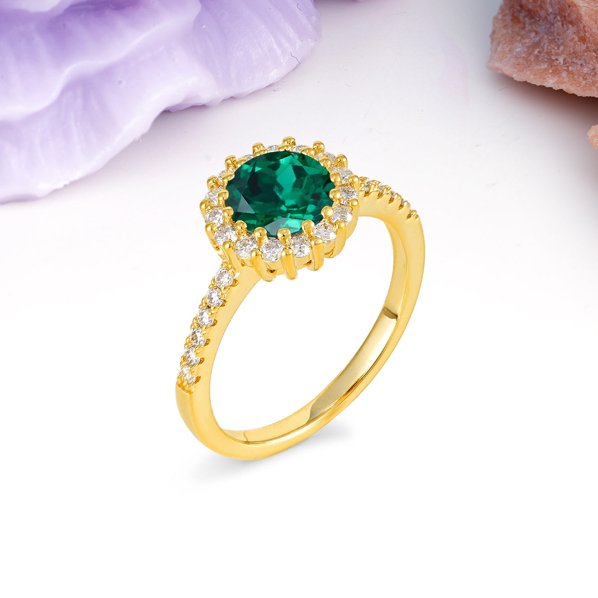 Luxurious and Unique 16 Prong Round Cut Emerald Engagement Ring - Additional view