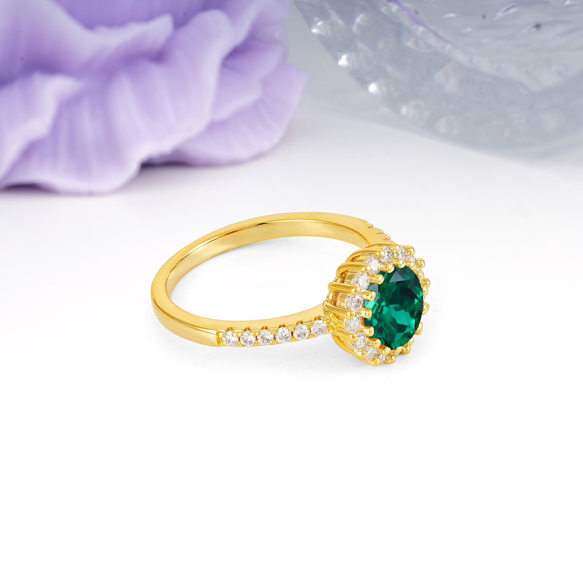 Luxurious and Unique 16 Prong Round Cut Emerald Engagement Ring - Additional view