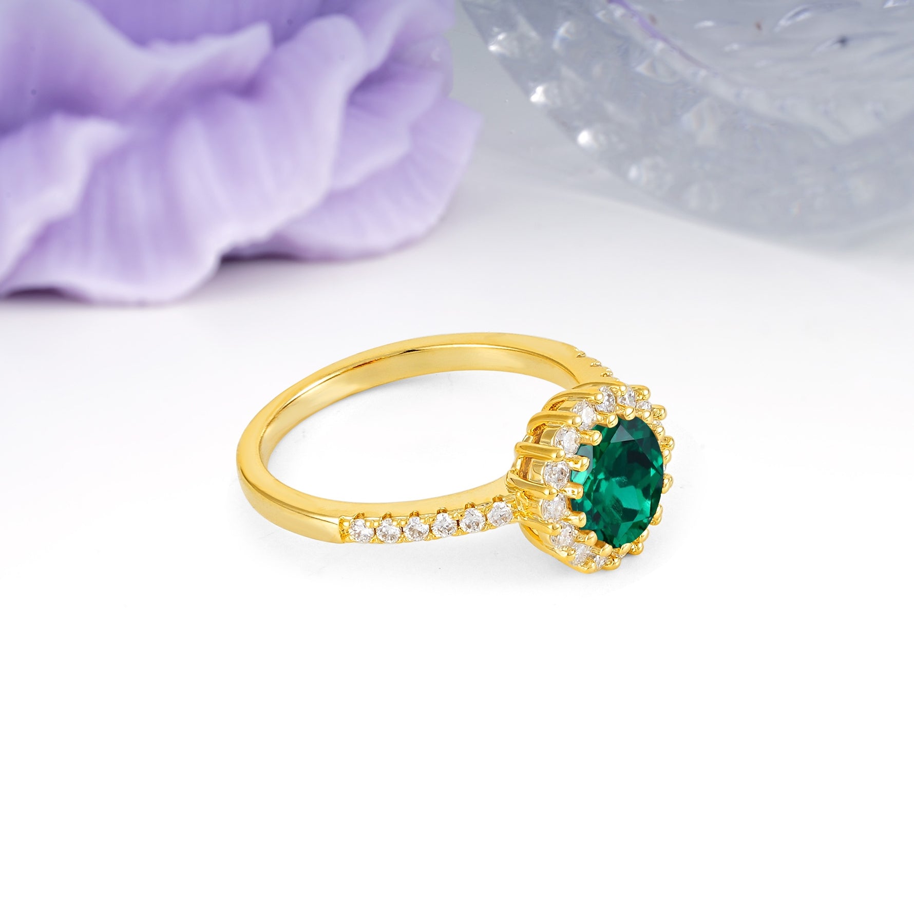 Luxurious and Unique 16 Prong Round Cut Emerald Engagement Ring - Additional view
