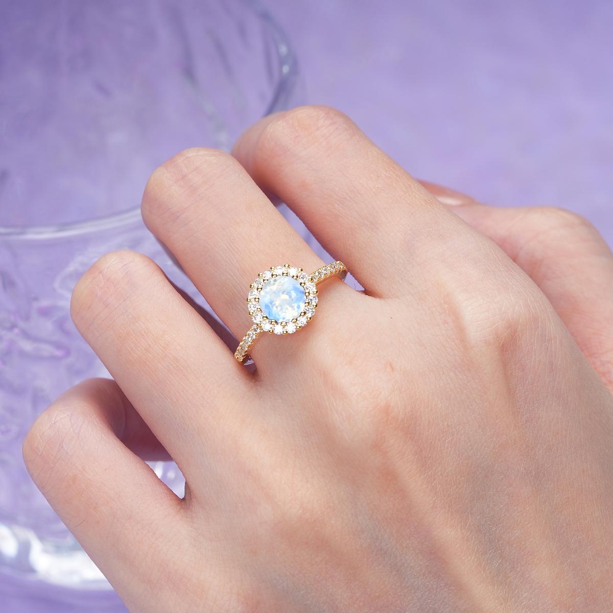 Luxurious and Unique 16 Prong Round Cut Moonstone Engagement Ring