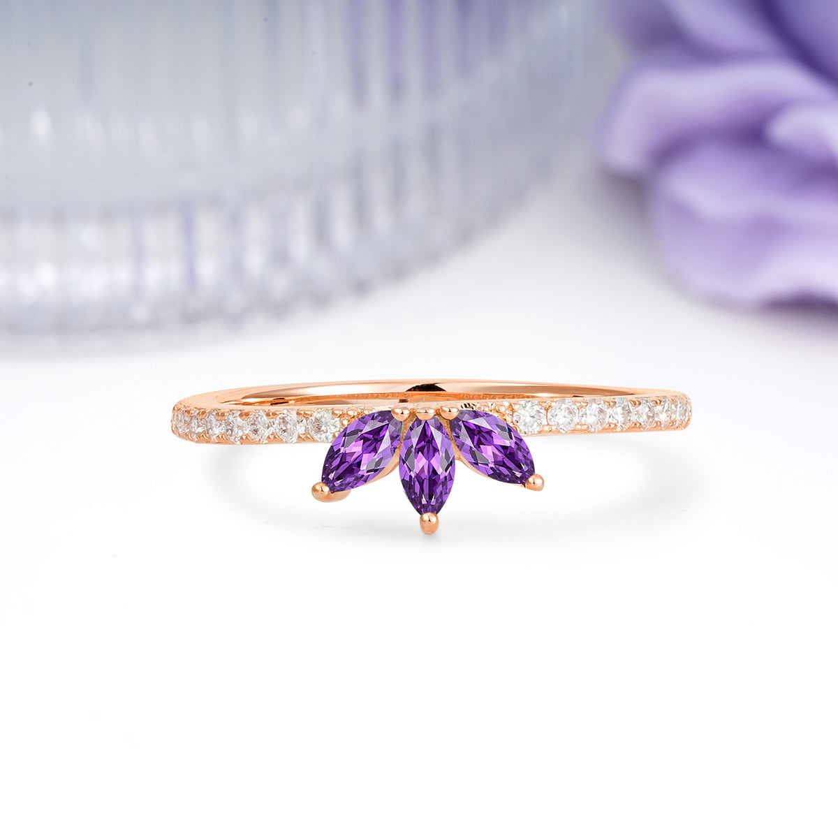 Brilliant Pave Marquise Cut Three‑Stone Amethyst Wedding Ring - Additional view