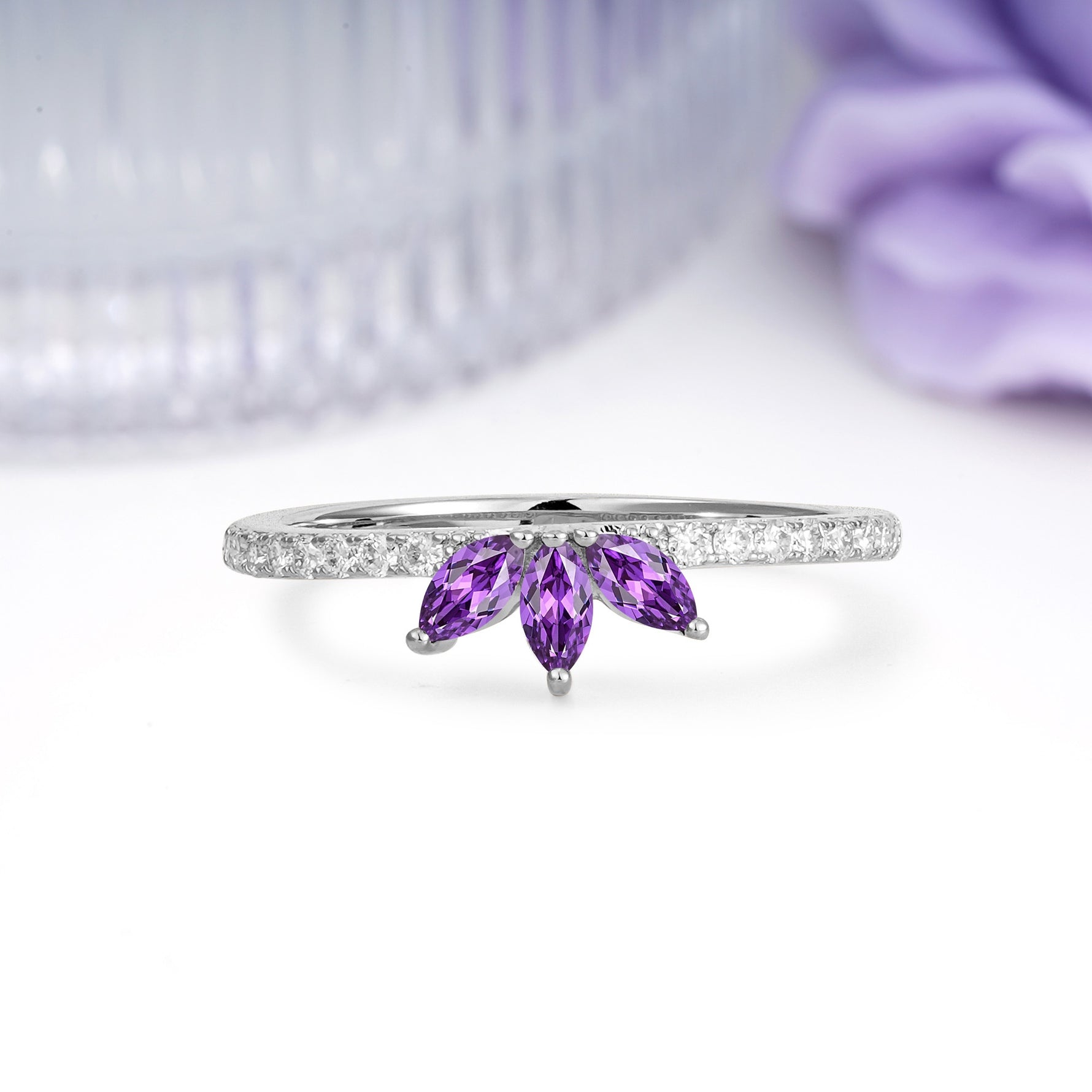 Brilliant Pave Marquise Cut Three‑Stone Amethyst Wedding Ring - Additional view
