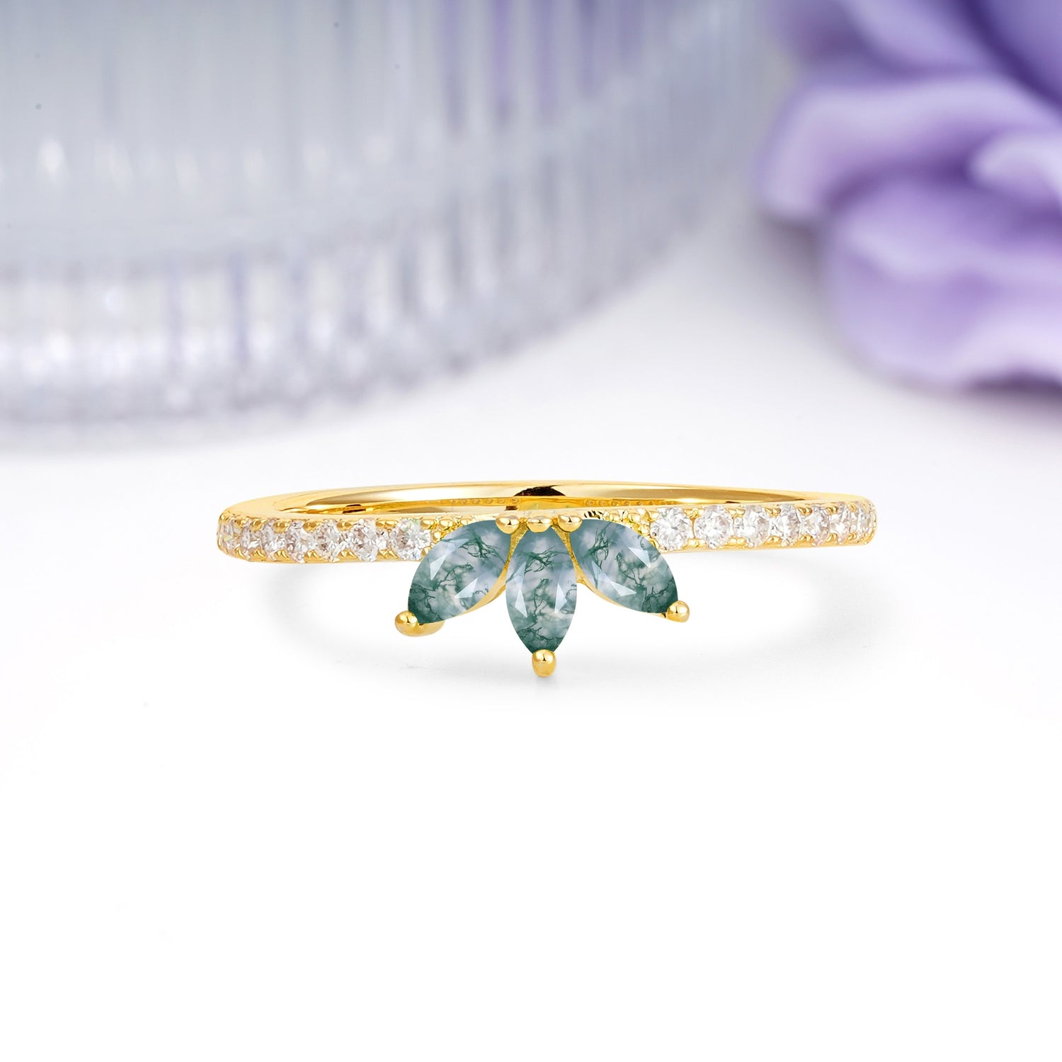 Brilliant Pave Marquise Cut Three‑Stone Moss Agate Wedding Ring - Additional view