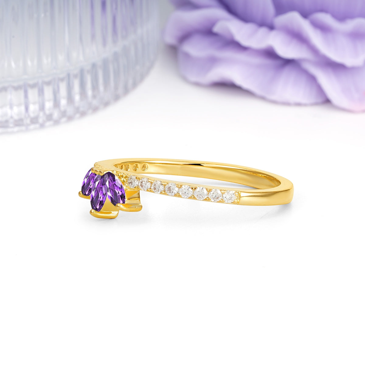 Brilliant Pave Marquise Cut Three‑Stone Amethyst Wedding Ring - Additional view